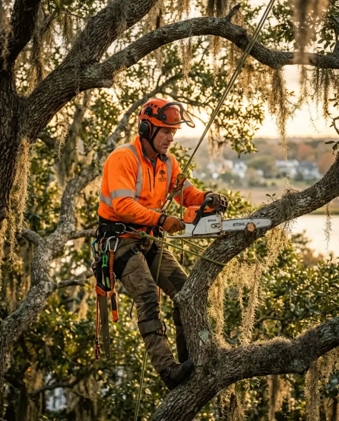 Trip's Tree Service certified arborist working in a Wilmington coastal oak at golden hour