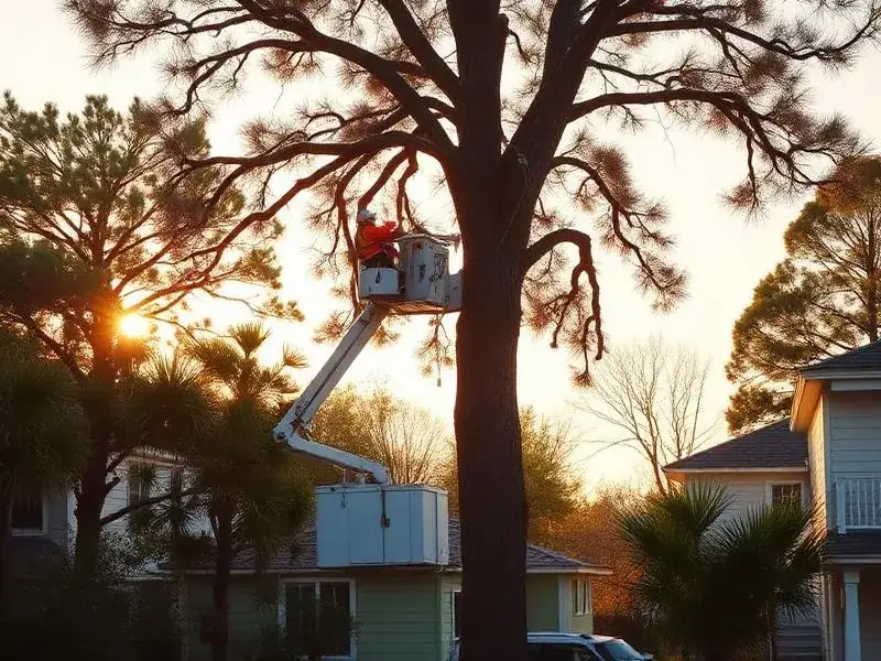 Tree service crew working from a bucket truck at golden hour